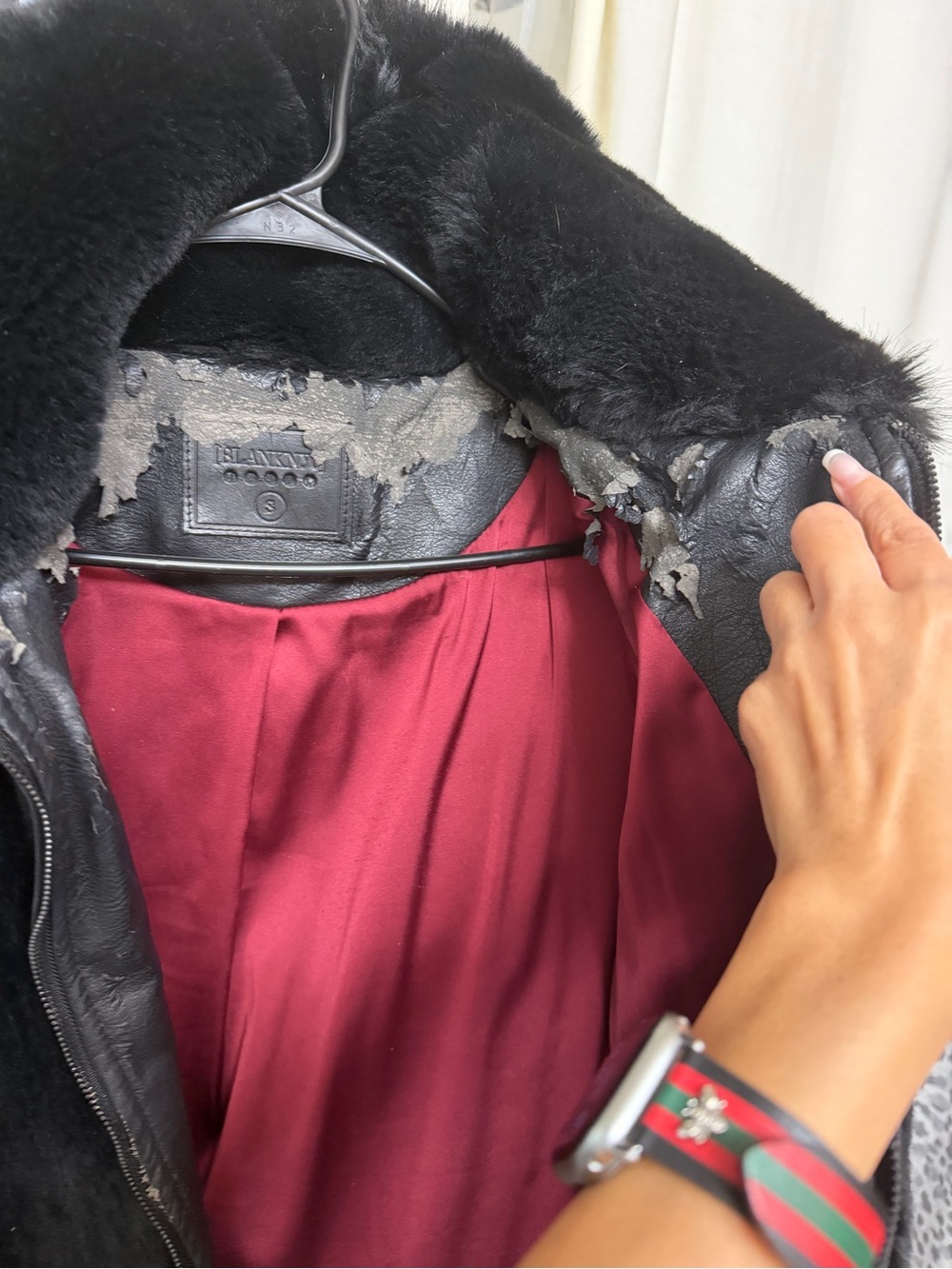 Blank NYC Black Shearling-Trim Leather Jacket with Burgundy Lining